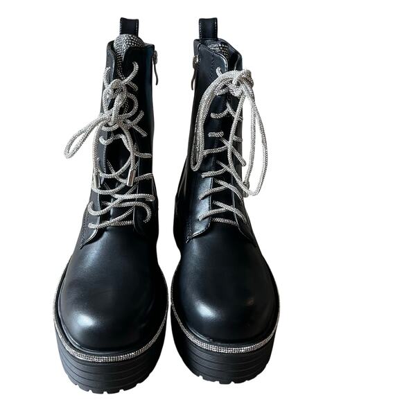 AZALEA WANG Attentive Bootie Women's 7.5 Silver Bling Combat Boots Glam Moto - Picture 2 of 9